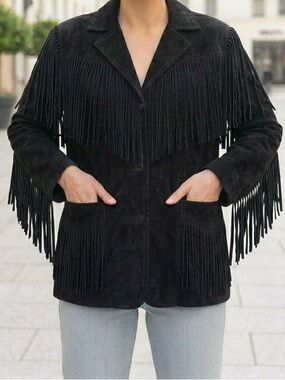 VTG Northern Sun Black Suede Leather Fringe Jacket Western Boho Cowgirl Festival